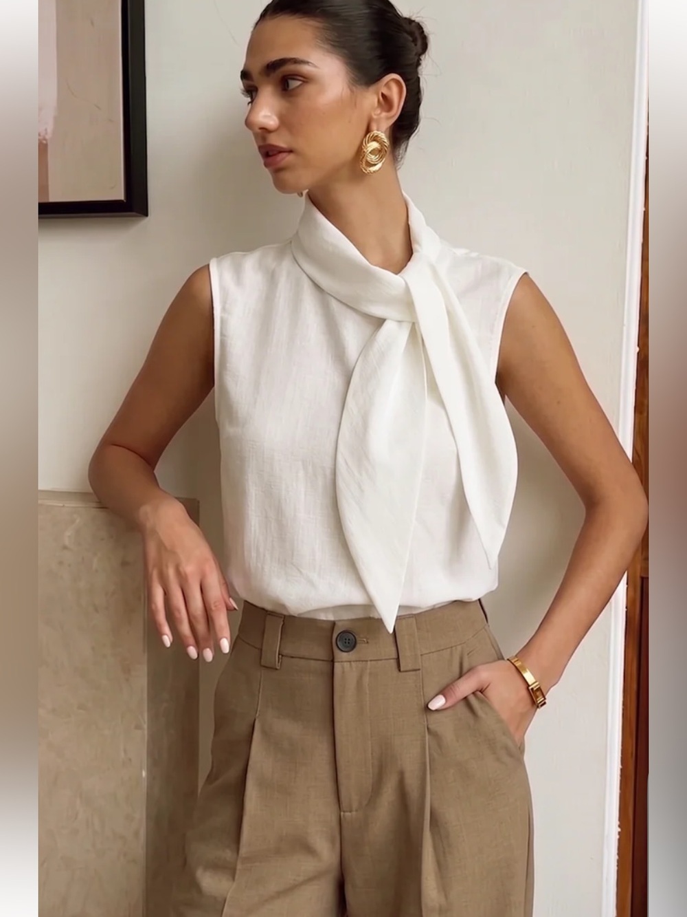 Commense Tie Neck Sleeveless Tencel Blouse